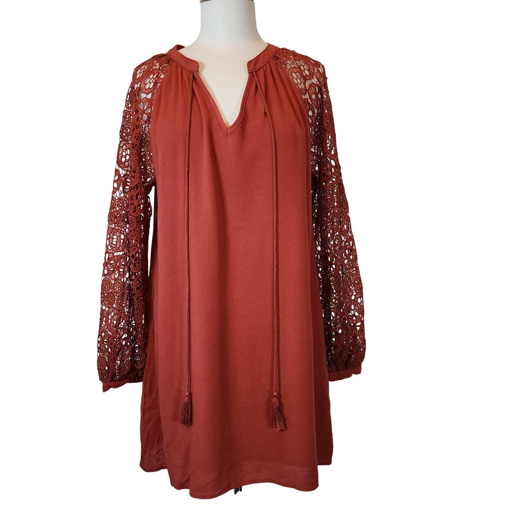 Promesa Rust Dress Medium Crochet Lace Long Sleeves Boho Bohemian Casual